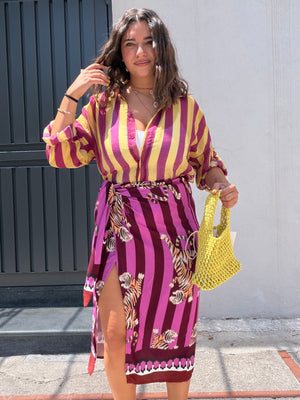 Camicia semi velata righe viola e lime