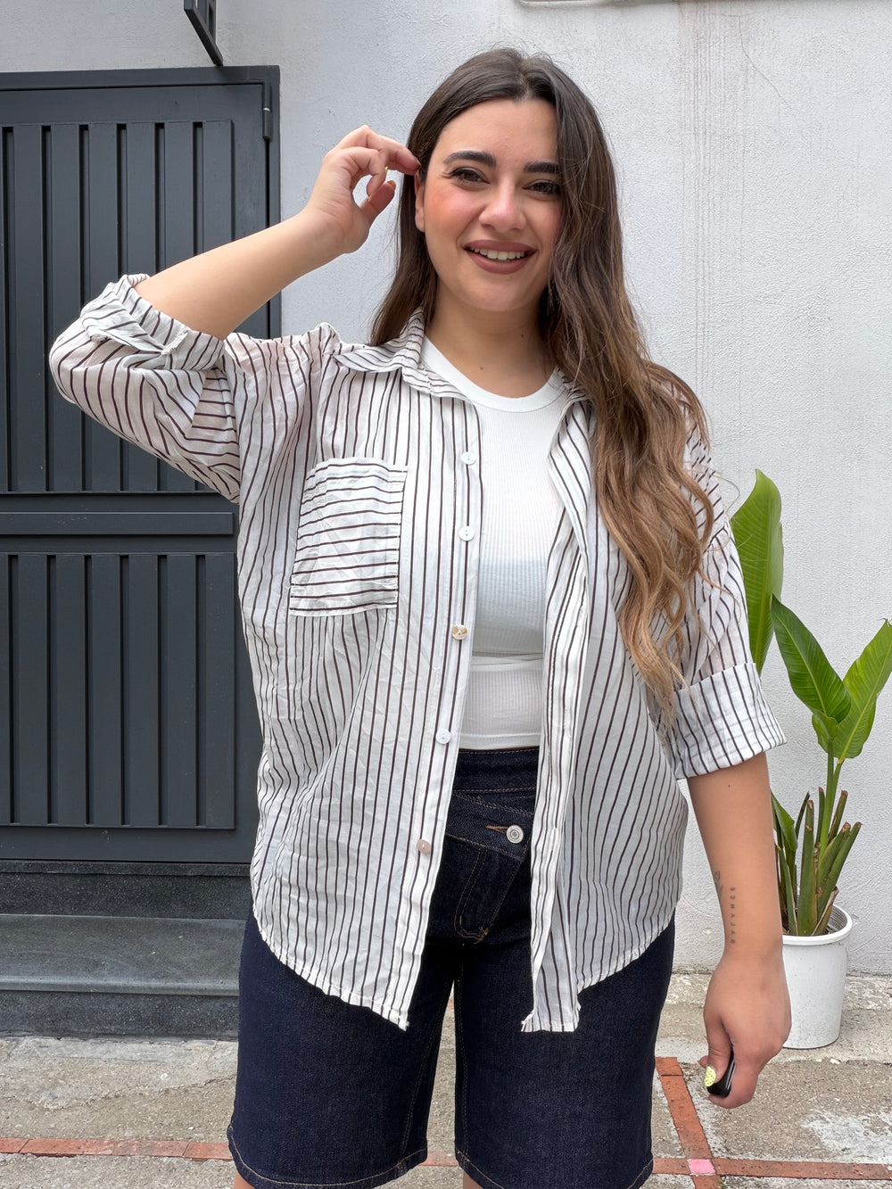 Camicia righe panna e marrone