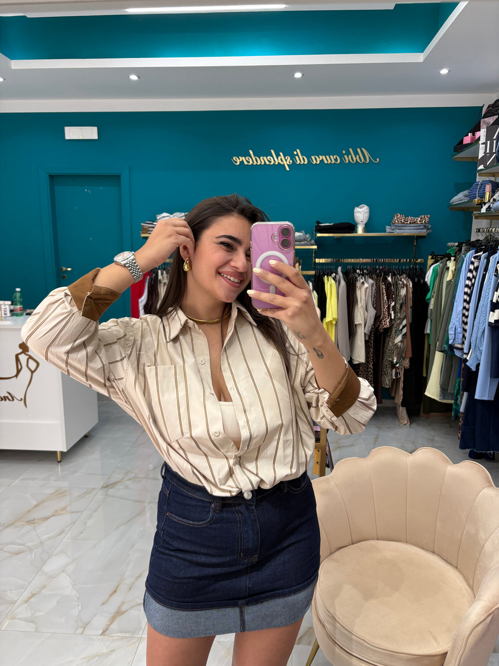 Camicia righe panna e cammello