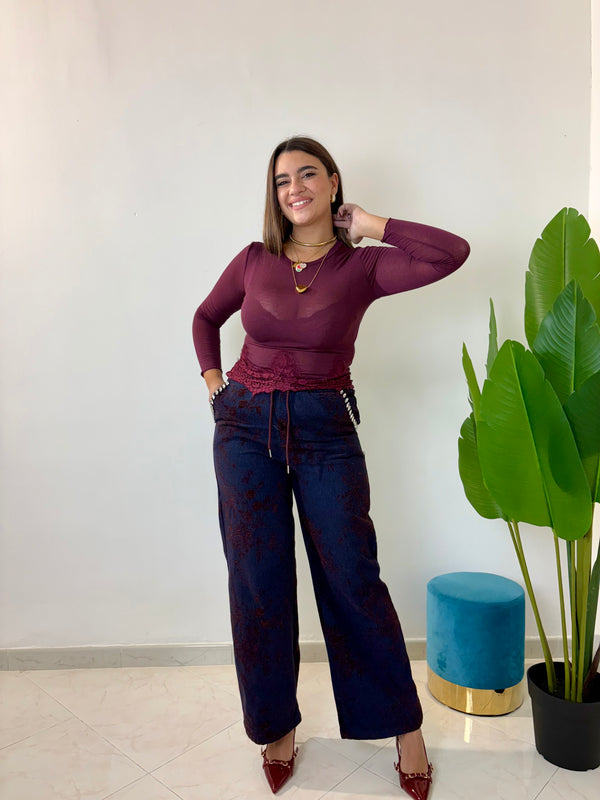 Maglia Misto Cashmere Ricamo Bordeaux