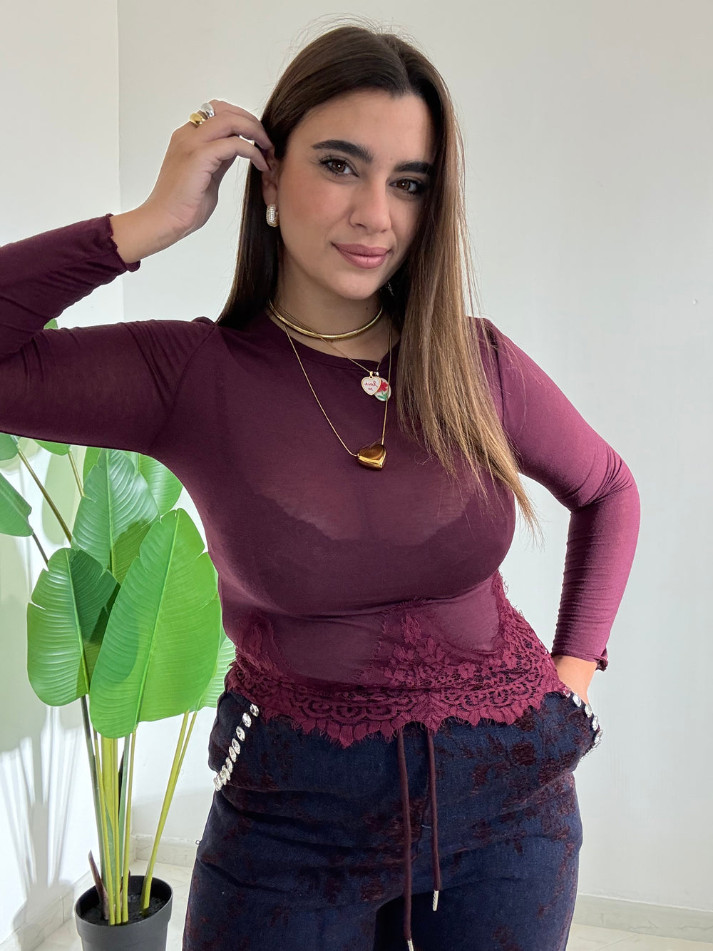 Maglia Misto Cashmere Ricamo Bordeaux