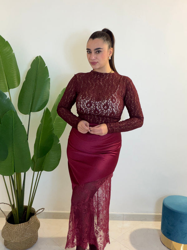 Longuette Raso e Pizzo Bordeaux