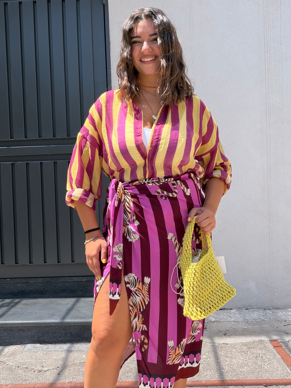 Camicia semi velata righe viola e lime