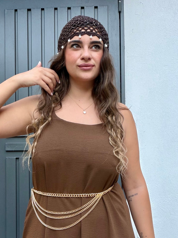 Cuffia uncinetto perline marrone