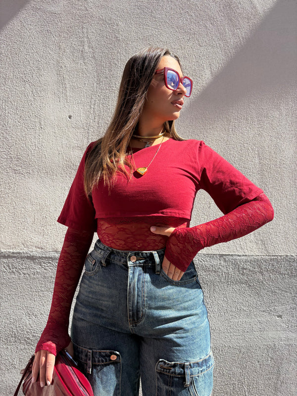 T-shirt pizzo bordeaux